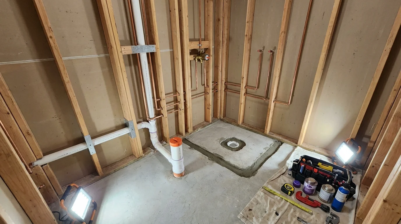 Bathroom rough-in plumbing during remodel by Johns Plumbing LLC in Capitol Heights