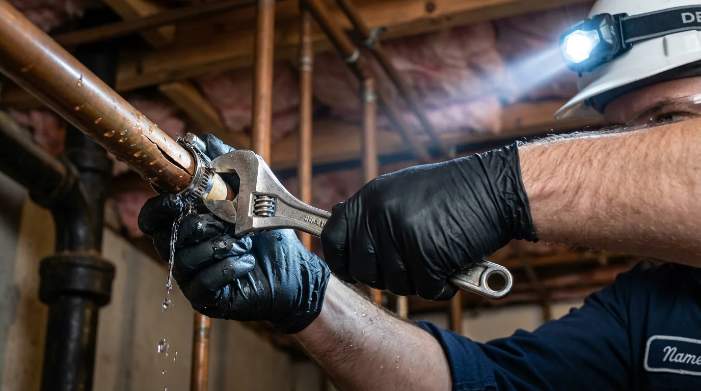 Emergency pipe clamp repair being performed by a Johns Plumbing LLC plumber in Capitol Heights